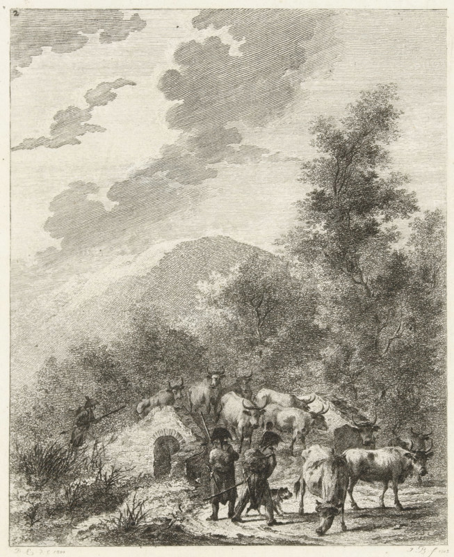 Soldiers driving a herd of cows across a bridge, Six landscapes with soldier staff, print, Series number, 2, 6, Landscape with three Napoleonic soldiers driving a herd of cows across a bridge., printmaker: Joannes Bemme, Rotterdam, after drawing by Dirk Langendijk, 1803, paper, etching, height 135 mm x width 107 mm, the soldier, the soldier's life, herd, flock, A detailed monochrome landscape showing a herd of cattle clustered on a dirt path near dense trees, with some cattle grazing and others standing closely together; two figures in long coats and wide hats walk along the path holding staffs and are accompanied by a small dog; a stone structure with an arched opening sits beside the animals and a person stands nearby with a long pole; tall trees with leafy canopies rise to the right, and rolling hills appear in the background beneath a sky filled with layered, textured clouds.