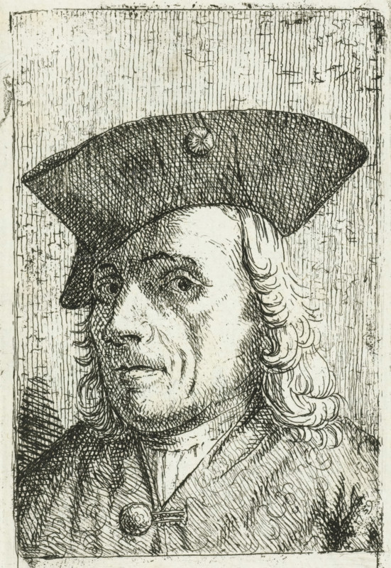 Self-portrait of artist Cornelis van den Berg, print, printmaker: Cornelis van den Berg, Haarlem, 1759, paper, etching, height 138 mm x width 72 mm, Person, portrait, self-portrait of graphic artist, A detailed black and white line drawing of a man shown from the shoulders up, wearing a wide, flat hat with a small circular ornament on its front, with wavy shoulder-length hair curling at the ends; his face shows closely hatched shading around the eyes, nose, and mouth, with a prominent nose and a slightly downturned mouth; he wears a high-collared garment fastened at the chest with a round button and clasp, and the clothing features dense crosshatching and textured lines; the background is filled with vertical scratched lines and scattered marks, and the image is framed by a rectangular border with rough edges.