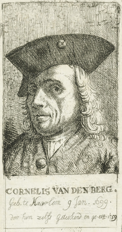 Self-portrait of artist Cornelis van den Berg, Cornelis van den Berg, print, Haarlem, 1759, paper, etching, height 138 mm x width 71 mm, Person, portrait, self-portrait of painter, A black and white engraved portrait shows an older man turned three quarters toward the viewer, wearing a broad, flat hat with a small circular ornament at the front and shoulder-length wavy hair that curls at the ends; his face displays fine etched lines indicating wrinkles around the eyes and mouth, a prominent nose, and a closed mouth with a slight downturn at the corners; he wears a high-collared garment fastened at the chest with a round decorative clasp and a patterned cloak or coat with visible textured shading; the background is filled with dense vertical and crosshatched lines creating a textured field, and a blank rectangular area below the portrait separates the figure from a lower section that contains hand-rendered script and ornamental marks.