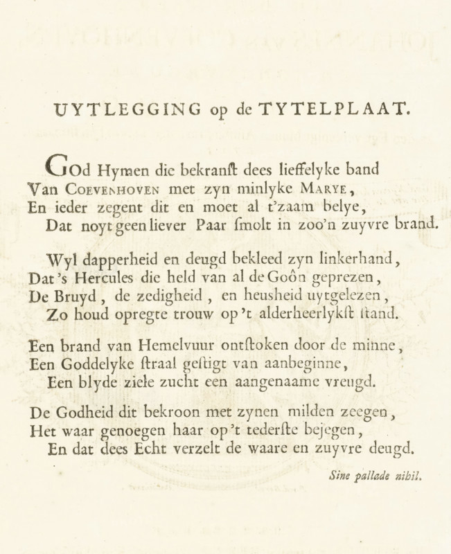 Page from Ter bruylofte van den heere Johannes van Coevenhoven en jongkvrouwe Maria Hoos, Amsterdam, 1723, print, Poem with an explanation of the title page of the work., publisher: Pieter van den Berge, paper, letterpress printing, book printing, height 270 mm x width 210 mm, A cream-colored page with evenly spaced dark printed lines forming blocks of text, larger bold heading near the top, faint circular watermark visible behind the middle lines, and slight discoloration and small spots near the edges.