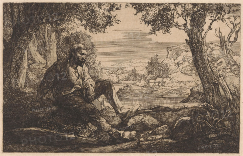 Sitting man in hilly landscape, Vagabond in landscape (former title), print, A bearded man sits on a rock in a tree-covered hilly landscape. In the background, a meandering river and buildings are visible., printmaker: Johannes Josephus Aarts, 1881 - 1934, paper, etching, roulette, intaglio printmaking technique, roulette and plate tone, height 180 mm x width 235 mm, The current title was assigned by the museum due to a lack of information regarding an original title. This is possibly a third state., low hill country, beard, river - HH - ideal landscapes, sitting figure (sideview, profile), A detailed monochrome drawing shows a bearded man seated on a rock in a wooded riverside scene, his body turned slightly and one leg extended toward the water while his other arm rests on his knee; he wears a loose shirt and jacket and his face is shaded with fine lines. Large trees with textured bark frame the composition on both sides, their branches and leaves forming a canopy above. Rocks and un...