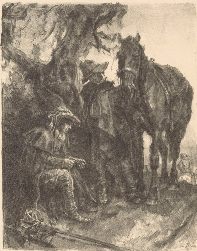 Standing and sitting man by a saddled horse, print, printmaker: Johannes Hendricus Jurres (signed by artist), publisher: Buffa en Zonen, Frans, 1885 - 1935, paper, lithography, lithografie, height 331 mm x width 261 mm, horse, A monochrome sketch showing a large horse standing with its head lowered toward a cloaked figure wearing a wide-brimmed hat; the figure appears seated or crouched and is focused on their hands. Dark, textured shading forms a dense background of trees and foliage behind and around the pair. Another person in a cloak and hat stands behind the horse, partially obscured. Boots, folds of heavy fabric, and a hat lying on the ground are visible in the foreground, along with rough ground textures and shadowed areas. The overall scene is rendered in charcoal or pencil with strong contrasts and expressive, sketchy strokes.