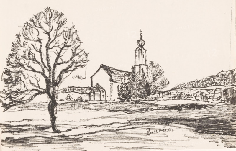 Bernried (original title on object), print, A church with an apse in a landscape with multiple hills. A tree on the left in the foreground., printmaker: Henri Braakensiek (signed by artist), Munich, 1922, Bavaria, paper, lithography, height 225 mm x width 310 mm, low hill country, church (exterior) - QQ - small church, chapel, A monochrome sketch showing a large bare-branched tree in the foreground on the left with textured bark and sparse foliage markings, open ground with horizontal shading across the lower area, a small cluster of buildings toward the center including a church with a tall steeple topped by an ornate bulbous finial, nearby smaller structures and trees with varied foliage textures, a low stone wall or terraced land extending across the midground, and a distant ridge or hillside on the right, all rendered in rough, expressive strokes on a light background.
