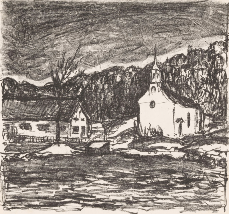 Hill landscape with church, Starnberger See (original title), print, A church and a house on a tree-covered hill., printmaker: Henri Braakensiek (signed by artist), Munich, 1922, Bavaria, paper, lithography, height 250 mm x width 275 mm, low hill country, church (exterior) - QQ - small church, chapel, A monochrome sketch showing a rural scene with a church featuring a tall steeple and rounded roofline situated among trees and buildings, rough textured strokes forming dense foliage and clustered rooftops, a smaller house with visible windows and a pitched roof near the church, sweeping dark horizontal marks in the foreground suggesting ground or water, heavy crosshatched sky above with swirling shading, and various sketchy lines and smudges creating a layered, grainy appearance across the entire image.