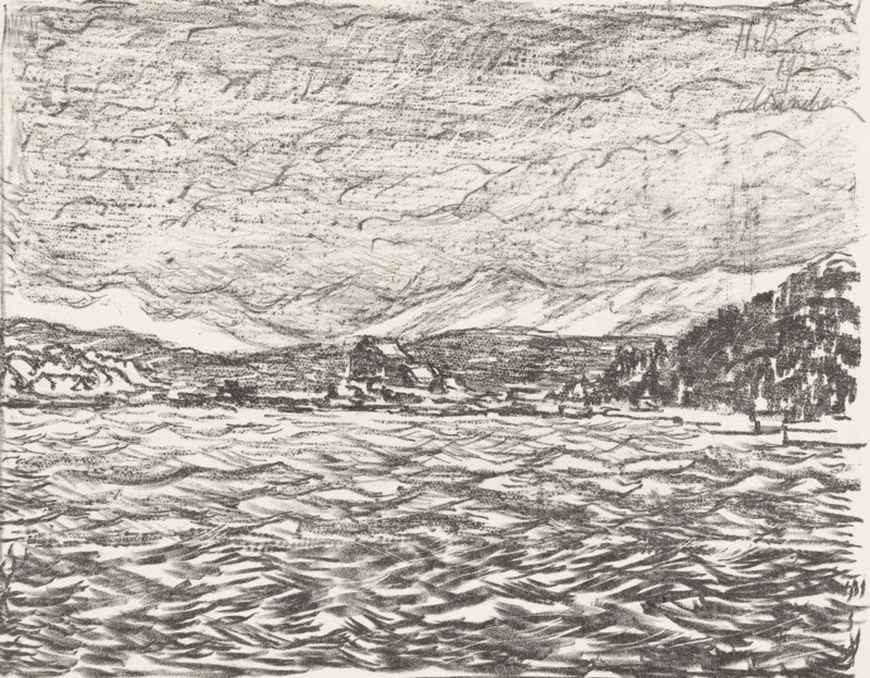 Starnberger See (original title), print, Hills and a settlement on the Starnberger See in Bavaria., printmaker: Henri Braakensiek (signed by artist), Munich, 1922, Bavaria, paper, lithography, height 225 mm x width 280 mm, lake, low hill country, A monochrome sketch showing a wide expanse of water in the foreground with short, sweeping strokes suggesting waves, a distant shoreline across the middle with low hills and a small rocky outcrop, and a stand of darker trees or foliage toward the right edge; above, a textured sky filled with layered, horizontal scribbled marks and swirling lines.
