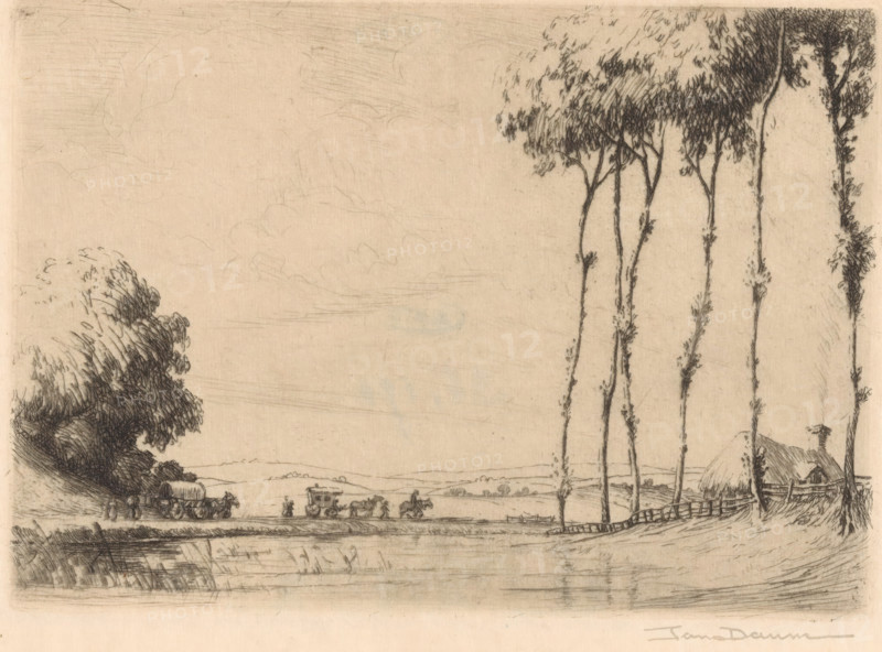 Landscape with covered wagon and caravan, print, A covered wagon and a caravan are being pulled by several horses on a country road along the water. On the left in the foreground, six trees in front of a fence and a farm., printmaker: Jan Daum (signed by artist), c. 1915, paper, etching, intaglio printmaking technique, height 124 mm x width 175 mm, farm or solitary house in landscape, groups of trees, four-wheeled, animal-drawn vehicle, eg: cab, carriage, coach, A wide, softly shaded landscape drawing showing a calm body of water in the foreground with reflected lines and ripples, a low shoreline curving into the distance, tall slender trees with sparse foliage rising along the right side, a cluster of denser trees and bushes on the left, a thatched-roof building partially visible behind a fence near the right trees, a small carriage and horses on the road with a few figures nearby and another carriage farther back, and a broad sky filled with faint, wispy cloud strokes.