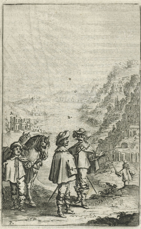 Riders in a mountain landscape, print, book illustration, Two riders in a mountain landscape, on the left a third figure holds two horses by the reins. In the distance a city., printmaker: Paulus Lesire, 1643, paper, etching, letterpress printing, etching and text in letterpress on verso, height 111 mm x width 71 mm, Illustration included in: Beverwyck, Johannes van. Van de wtnementheyt des vrouwelicken geslachts. Dordrecht: Hendrick van Esch for Jasper Goris, 1643., riding a horse, ass, or mule, rider, horseman, conversation, dialogue, conversation piece, mountains, Three men in period clothing stand in the foreground, two facing each other with capes, wide-brimmed hats, and swords at their sides, while a third stands slightly behind them holding a horse by its bridle. The horse's head is lowered and turned slightly toward the men. The men wear boots and layered garments with collars and buttons. Behind them, a smaller figure stands on a slope holding an object that extends outward. T...