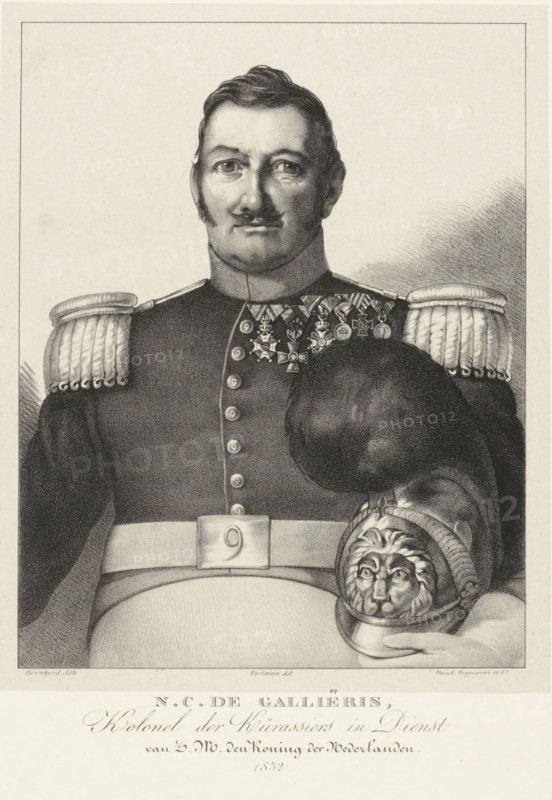 Portrait of Colonel Nicolaas Cornelis de Gallières, print, The sitter has removed his helmet and carries it in his left arm. He wears various decorations on his chest. Below the portrait, the name and profession of the sitter., printmaker: Pieter Gerardus Bernhard, The Hague, printer (person): Desguerrois & Co., Amsterdam, after design by Portman, 1832, printer (person), paper, lithography, lithografie, height 0 mm x width 0 mm, Person, Nicolaas Cornelis de Gallières, historical persons, helmet, knighthood order, A black and white lithographic portrait of a man shown from the waist up wearing a dark military uniform with braided epaulettes on the shoulders and a high collar, his face framed by short hair and sideburns and a small mustache, a row of medals and decorations pinned across his chest, a belt across his waist with a rectangular buckle, and a helmet with a sculpted lion's face held at his side.
