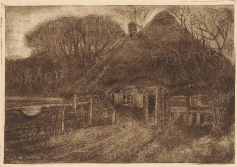 House with a thatched roof in Laren, print, printmaker: Charlotte Pothuis (signed by artist), 1877 - 1936, paper, drypoint, intaglio printmaking technique, height 142 mm x width 206 mm, rural housing, eg country-house, villa, cottage, Laren (Noord-Holland), A sepia-toned drawing of a rural scene showing a thatched-roof cottage partially obscured by large rounded trees, a wooden fence in the foreground, and a pathway or road leading toward the cottage entrance; the cottage has a doorway and window openings, a small chimney rising above the roof, and dense cross-hatched shading creates textured tones across the trees, roof, fence, and ground.