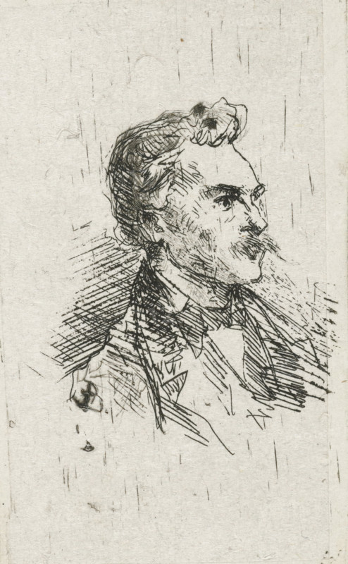 Portrait of artist Frederik Hendrik Weissenbruch, print, printmaker: Bernardus Johannes Blommers, Netherlands, 1855 - 1914, paper, chine collé, etching, drypoint, etching and drypoint on chine collé, height 70 mm x width 39 mm, Person, Frederik Hendrik Weissenbruch, portrait, self-portrait of painter, A monochrome sketch on textured paper showing a man's head and upper torso in profile facing right, rendered with hatched and crosshatched ink lines; he has wavy hair swept back, a pronounced mustache, a defined nose and brow, and visible eyes looking slightly forward; he wears a collared shirt with a bow and a jacket suggested by angular lines and shading; the background is mostly blank with scattered short vertical and diagonal strokes across the paper.