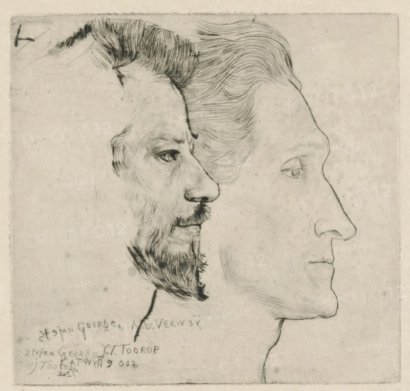 Portrait of Stefan George and Albert Verwey, print, printmaker: Jan Toorop, printer (person): Toon Ninaber van Eijben, 1902, 1928, printer (person), paper, drypoint, intaglio printmaking technique, drypoint with plate tone on zinc, height 139 mm x width 145 mm, Person, Albert Verwey, Stefan George, historical persons, A close-up etching of two overlapping left-profile faces, one older with a beard and detailed dark hair lines and a visible eye and nose, the other smoother with finely drawn hair sweeping back and a prominent nose and eye, both rendered in thin, delicate black lines on a light, textured background with faint spots and smudges.