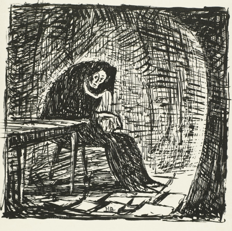 Poor old woman (original title on object), print, Woman in a cloak sitting next to a table in a dark room, sketched., signature and date: '1922 - Henri Braakensiek.', dedication: 'to Mr. HK Westendorp', edition: 'Orig. Litho. IX, no 1.', title: 'poor old woman', printmaker: Henri Braakensiek (signed by artist), 1922, ink, materials by function, paper, printing ink, lithography, height 190 mm x width 200 mm, height 348 mm x width 260 mm, old woman, the poor, A black ink sketch fills the image with dense crosshatching and bold strokes forming a shadowed interior scene; a seated figure with a somber expression is partially enclosed by a dark curved shape, their face and hand rendered with lighter lines contrasted against heavy black around them, and they sit at a rough table with visible legs; the background is a tangle of hatched lines suggesting vertical and diagonal structures and a large circular arc of lighter hatch surrounding the figure, while the floor shows strong linear patterns...