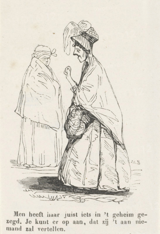 Two women with shoulder capes, print, printmaker: P. Stockmans, Netherlands, 1800 - 1899, paper, wood engraving, letterpress printing, wood engraving and text in letterpress, height 122 mm x width 82 mm, cape (women's clothes), A black ink line drawing of two women facing each other on a light background, one woman on the left wrapped in a cloak with only her head and eyes visible and wearing a headscarf tied at the side, the other woman on the right wearing a tall hat with a plume and a layered dress and cloak, her profile showing a pronounced nose and chin and one hand raised near her chest while the other holds a bundled object at her waist, both figures rendered with sketchy contour lines and minimal shading and standing on a ground suggested by horizontal ink strokes.