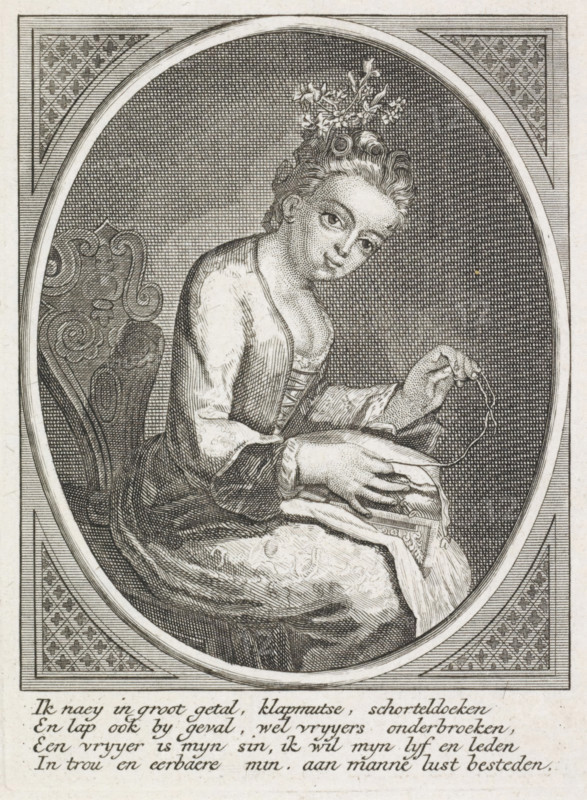 Sitting woman doing needlework, print, A young woman is sitting and sewing. Below the image, an ambiguous four-line text in Dutch., Netherlands, 1700 - 1900, printmaker, paper, etching, engraving, etching and engraving, height 121 mm x width 89 mm, (other forms of) needlework, eg: crocheting, knitting, embroidering, An engraved oval portrait shows a seated young woman in period dress holding a piece of cloth and a fine thread or string between her fingers; she has a softly turned face with large eyes and an updo adorned with small flowers, and her hair features curled sections at the front. The figure wears a low-cut bodice with a fitted front and sleeves that gather at the wrists, and a patterned skirt draped over her lap. Behind her is a carved chair back with scrolling ornamental motifs. The oval is set within a rectangular frame decorated with diagonal line shading and repeating geometric motif panels in the corners, and the background inside the oval is filled with dense crosshatc...
