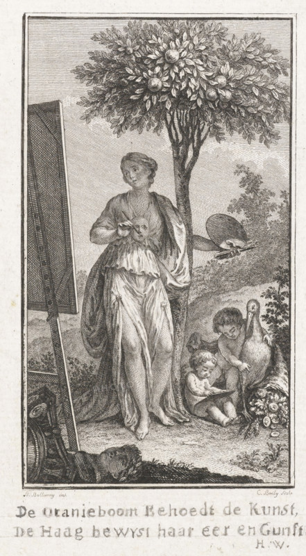 The Orange Tree Protects Art, print, A female painter stands painting outdoors behind an easel. She finds shade under an orange tree. Below the image, a verse about the 'orange tree' as patron of the arts., inscription: 'The Orange Tree Protects Art, the hedge proves its honor and favor. HW', printmaker: Charles Ange Boily, Netherlands, after design by Benjamin Samuel Bolomey, c. 1753 - 1813, paper, etching, height 130 mm x width 82 mm, person stimulating the arts, art lover, connoisseur, maecenas, patron, A standing woman in a flowing dress and shawl leans against a tree with a dense round canopy bearing round fruits, holding a palette and brushes in one hand and a small tool in the other, while an easel with a blank panel stands nearby; at her feet a seated child holds a tablet and another child kneels beside a large bird, with a pile of flowers and foliage on the ground, and various draped fabrics and an artist's bag lie in the foreground, all rendered in detailed line engraving sty...