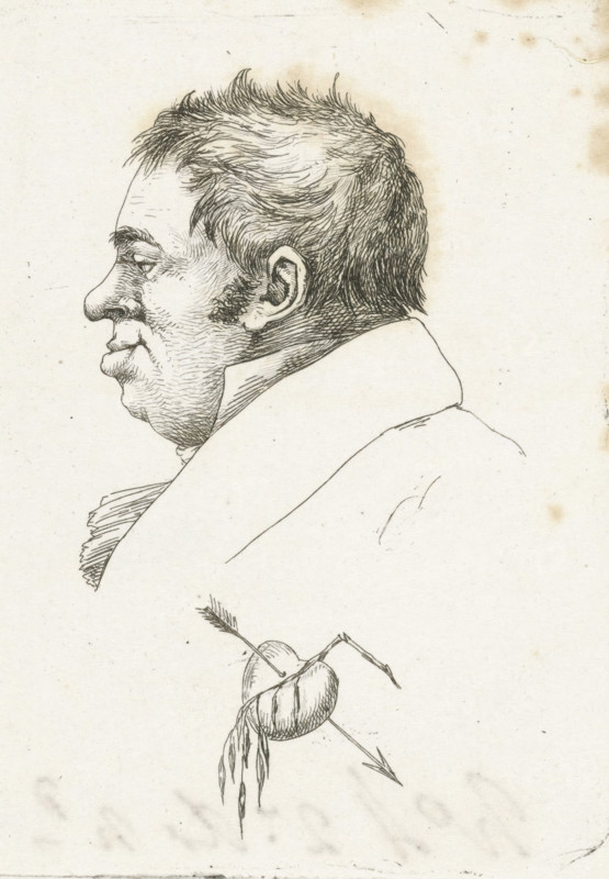 Portrait of Jantje de Wit, print, notary in Amsterdam, in profile. In the center bottom a heart pierced by an arrow and a broken branch with drooping leaves., inscription: 'WH 2: d ...', printmaker: Jean Zacherie Mazel, Netherlands, 1802 - 1884, paper, etching, height 107 mm x width 79 mm, Person, Jantje de Wit, heart symbolism, archer's weapons: arrow, A pen-and-ink profile portrait of a man facing left with short, textured hair, a prominent nose, closed lips, and a visible ear, wearing a high-collared coat, drawn on aged paper with light stains and speckles; below the portrait is a separate small sketch of a heart-shaped object pierced by an arrow with flowing ribbon-like elements.