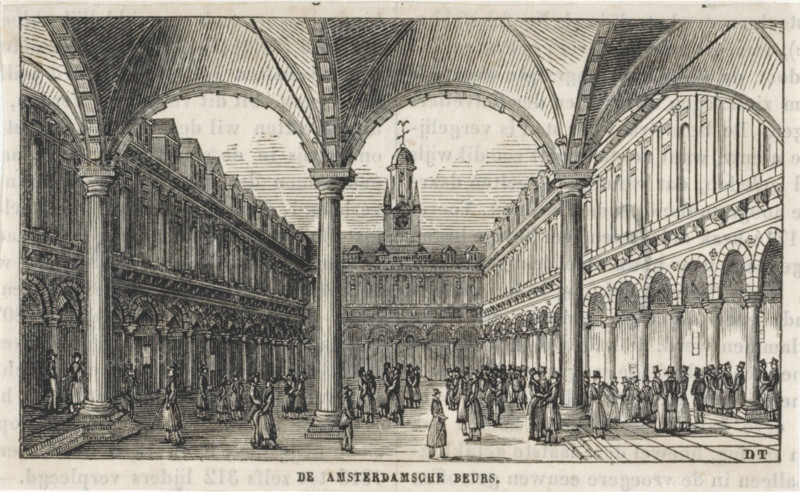The Amsterdam Stock Exchange, print, book illustration, printmaker: Dirk Wijbrand Tollenaar, Netherlands, 1818 - 1858, paper, wood engraving, letterpress printing, wood engraving and text in letterpress, height 74 mm x width 122 mm, square, circus, etc. (city(-scape) with figures, staffage), Amsterdam, Stock Exchange of Hendrik de Keyser, An interior scene rendered in a detailed black and white engraving shows a large vaulted hall with tall columns and broad arches framing a central open space, flanked by rows of colonnaded galleries and arcades along both sides; many small figures in period dress are gathered throughout the space, some standing in groups and others walking, wearing long coats and hats or long dresses, while architectural details such as balustrades, recessed windows, decorative cornices, and a distant tower with a domed top and finial rise above the far end of the hall, and the ceiling is marked by curved ribbing and cross-hatched shading.