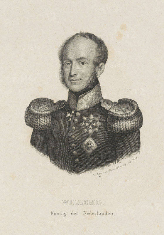 Portrait of William II, King of the Netherlands, print, Portrait of William II. In the lower margin his name and title., printmaker: Jan Baptist Tetar van Elven, Netherlands, 1840 - 1889, paper, steel engraving, height 196 mm x width 136 mm, The title mentioned here refers to the highest title obtained by the sitter, not necessarily to the title the sitter bears in this image., Person, William II of the Netherlands, A black and white engraved portrait of a man shown from the chest up wearing a military uniform with ornate braided epaulettes and a high collar, his face framed by sideburns and short hair, neutral expression, decorative medals and star-shaped insignia on his chest, and a textured paper background.