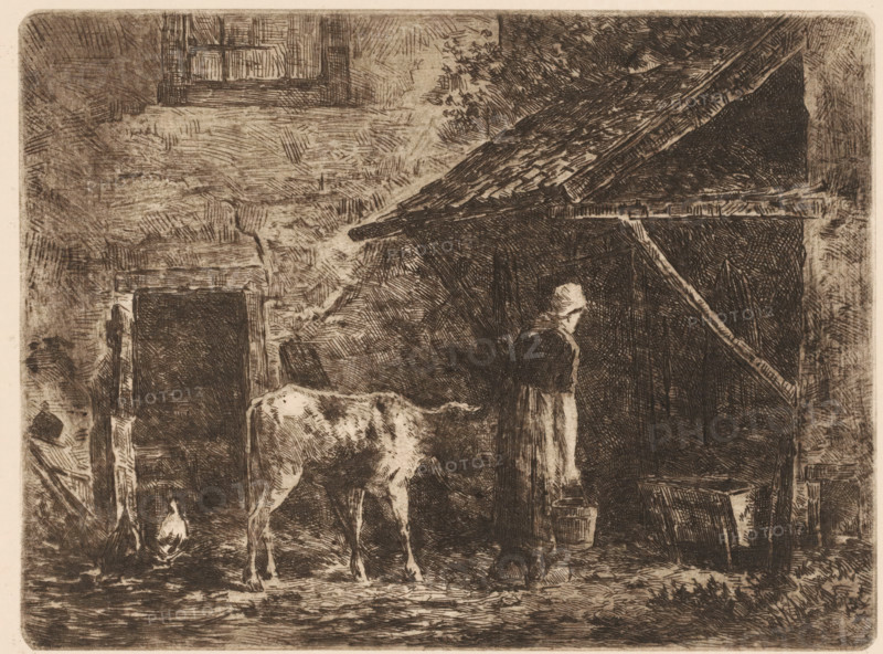 Woman with calf, print, printmaker: Willem van der Vliet (signed by artist), Netherlands, 1866 - 1924, paper, etching, intaglio printmaking technique, height 118 mm x width 159 mm, farmers - AA - female farmer, farmer's wife, farm (building), calf, A monochrome etching of a rustic scene showing a rough stone or plaster building with a small window near the top and a dark doorway below, a lean cow standing in front of the doorway, and a figure in simple clothing wearing a head covering standing near the cow beside a slanted roofed lean-to; a bucket sits on the ground near the figure and there is a small flame or light source low to the left on the ground, while textured shading and crosshatching fill the walls, roof, and ground throughout the image.
