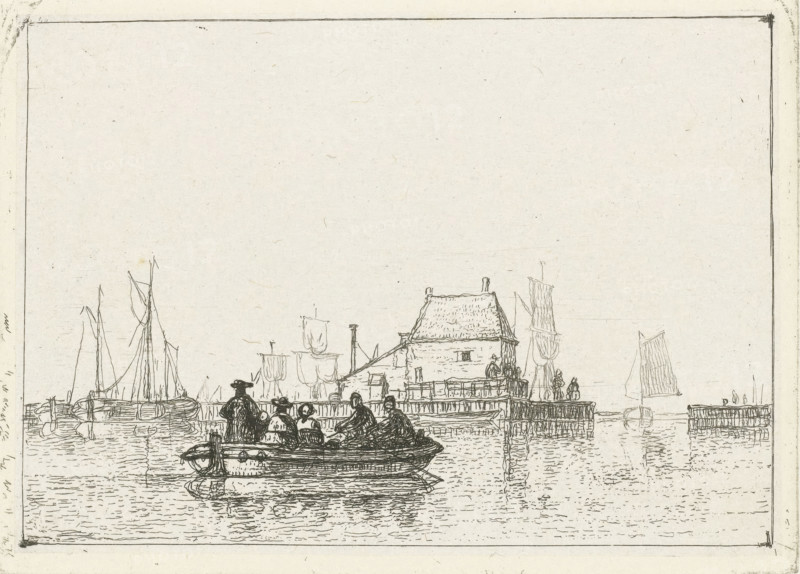 River view with rowboat near harbor pier, print, River view with rowboat on inland water near a harbor pier behind which offshore sailing ships are visible., printmaker: Albertus Brondgeest, Netherlands, 1796 - 1849, paper, chine collé, etching, etching on chine collé, height 93 mm, width 127 mm, harbor, ferry, A monochrome pen drawing of a waterfront scene showing small boats on calm water in the foreground with figures seated in a boat closest to the viewer, a larger docked boat beside it, and several masts and sails rising along the left and center. A low pier with a simple building that has a pitched roof stands on the right, with a few small figures on and near the pier and details of railings and posts. Additional distant boats and sails appear on the right and left horizons, and the whole scene is framed by a faint rectangular border on a textured, light-toned background.