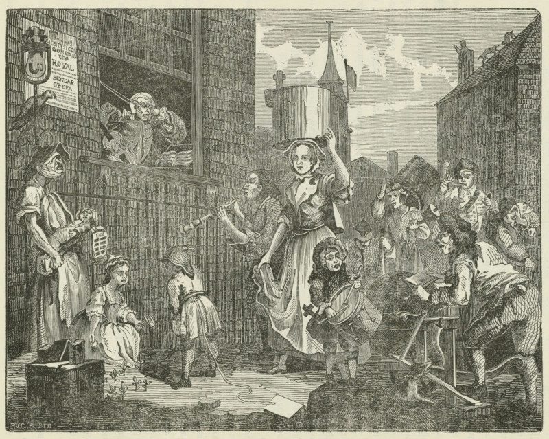 Street scene, print, book illustration, A violinist in a window frame holds his ears tightly closed against the noise made by various figures in front of his house, including a singer with a crying baby, children with noisy instruments, a knife sharpener with his whetstone, a postman with his horn, a barking dog and two fighting cats., printmaker: Popko van Groningen, Netherlands, after design by William Hogarth, 1832 - 1888, paper, wood engraving, letterpress printing, wood engraving and text in letterpress, height 160 mm x width 202 mm, A crowded street scene rendered in a detailed monochrome engraving showing a group of people of various ages and appearances gathered in front of a tall brick building with an open window where a man peers out and gestures while holding a violin and bow, and a bird perches on an ornate bracket nearby; several women are present wearing long dresses and bonnets, one standing with a hand raised to her hat and another seated holding fabric, while children...