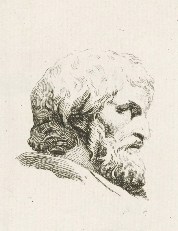 Head of a man, print, Head of a man in profile, bareheaded with long hair and beard. Below the image the artist's signature., printmaker: Daniël Jean Guicherit, Northern Netherlands, 1778 - 1813, Daniël Jean Guicherit, printmaker, paper, etching, height 108 mm x width 75 mm, A close-up black ink line drawing of the profile of an older man's head and neck on a light textured background, showing wavy hair swept back from his forehead, a full beard and mustache, a pronounced nose and closed mouth, with fine crosshatching and curved strokes used to define hair, facial contours and shading, and a suggestion of a collar or garment at the base of his neck.