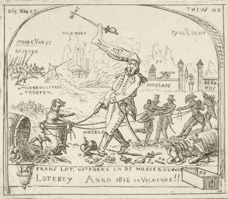 Napoleon pulls a dog in a goblet through the swamp, Caricatures of the defeats of the French in 1813, cartoon, print, historical print, Napoleon, with a sock on his head, pulls a dog sitting in a goblet through the swamp. French soldiers help him. In the background the French troops being defeated by the Cossacks, the fireworks, and a cemetery portal with a skeleton of a French soldier. Below the text: French lot, drawn in the Muscovite Lottery anno 1812 and following!, printmaker: Hermanus Fock, Amsterdam, 1813, paper, etching, height 87 mm x width 103 mm, Person, Napoleon I (Emperor of the French), Russian Campaign, Period, 1812, A detailed ink engraving shows a central figure wearing a long coat and a tall pointed hat with a face showing an open-mouthed expression, holding ropes that connect to a large bucket containing a seated dog and to a group of smaller figures who pull in the opposite direction; scattered on the ground near the central figure are discarded crowns, coins, and s...
