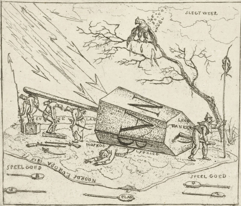 Napoleon crushed under a hexagonal block, Caricatures of the defeats of the French in 1813, cartoon, print, historical print, On a carpet with the map of Europe, Napoleon lies crushed under a hexagonal block with the letters: NAB. The French eagle is heavily battered by the bad weather. The French soldiers try to take shelter from lightning being carried off them. Reference to the defeats of the French troops at Moscow and Leipzig., printmaker: Hermanus Fock, Amsterdam, 1813, paper, etching, height 88 mm x width 102 mm, Battle of Leipzig, Period, A monochrome line drawing shows a large tilted wooden box or cart resting on a wheel with a person lying face down beneath it and a standing figure nearby holding a tall pole with a leafy top; three figures are bent over near the left edge working with long beams and small blocks, and a bird perches on a branch above a gnarled tree against a sky with cloud shapes and diagonal streaks.