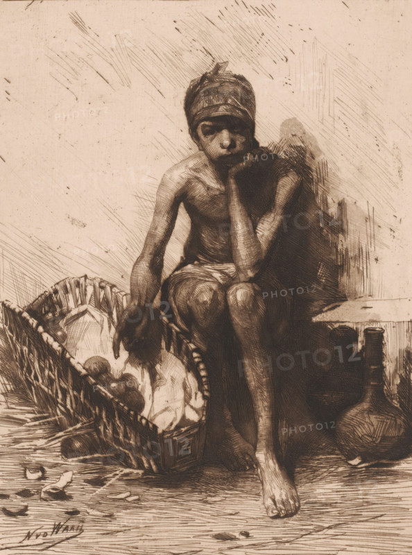 Neapolitan fruit seller, Fruit seller, print, printmaker: Nicolaas van der Waay, printer (person): Roeloffzen & Hübner, Amsterdam, 1865 - 1936, printer (person), paper, chine collé, etching, aquatint, intaglio printmaking technique, height 228 mm x width 172 mm, merchant, salesman, fruits, Naples, A sepia-toned drawing of a seated barefoot boy wearing a headwrap and minimal cloth around his waist, resting his chin on one hand with an arm propped on his knee, a woven basket filled with round objects beside him, scattered shells on the floor near his feet, and shadowed crosshatched background lines.