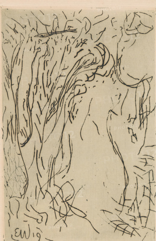 Abstracted forest landscape, print, printmaker: Erich Wichmann (signed by artist), 1919, paper, etching, intaglio printmaking technique, height 150 mm x width 96 mm, Print possibly inspired by poems by Charles Baudelaire and Paul Verlaine., forest, wood, Abstract, Non-representational Art, A vertical composition with thin black ink lines on a beige paper background forming flowing, curved, and looping marks that suggest hairlike strands and organic contours, concentrated more densely toward the upper left and center with sparser lines toward the right, including tighter clustered short strokes, elongated sweeping curves, and several intersecting scribbles and loose loops near the lower center, all rendered with varying line weights and occasional small dotlike marks.