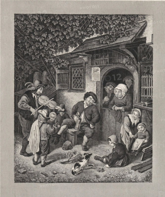 The Traveling Violinist in front of a farmhouse, Violinist in front of an inn, print, A man with a violin and a boy with a hurdy-gurdy are making music at an inn. Adults and children are listening. A woman is leaning over the lower door., printmaker: Abraham Lion Zeelander, Amsterdam, after painting by Adriaen van Ostade, printer (person): JF Brugman, 1848, printer (person), paper, chine collé, etching, engraving, etching and engraving on chine collé, height 208 mm x width 170 mm, inn, coffee-house, public house, dog, one person playing string instrument (bowed), A detailed black and white engraving of an outdoor scene showing a group of people gathered in front of a building with a small arched doorway and lattice windows; a large leafy canopy extends across the top of the image, partially shading the roof and walls. In the foreground, a child sits on the ground near a small dog lying on the dirt surface, while another child stands nearby wearing a cloak and hat. A musician on the lef...