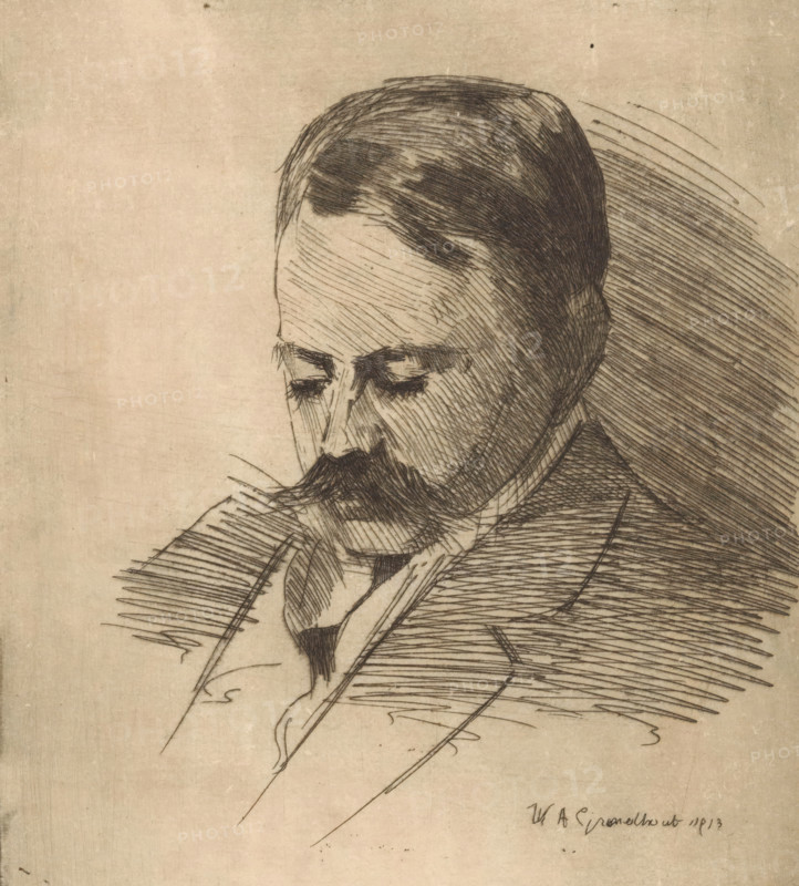 Portrait of an unknown man, print, The man has a mustache., printmaker: Willem Adrianus Grondhout, 1913, paper, etching, intaglio printmaking technique, height 170 mm x width 147 mm, anonymous historical person portrayed, mustache, A close-up pencil or ink sketch of a man shown from the shoulders up with his head tilted downward, featuring short dark hair, a mustache, and a beard, with hatched lines creating shading across his face, hair, clothing, and the background, all on aged paper.
