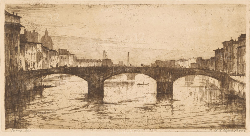 Firenze (original title on object), print, A bridge over the Arno in Florence., printmaker: Willem Adrianus Grondhout (signed by artist), 1921, paper, etching, intaglio printmaking technique, height 178 mm x width 338 mm, bridge in city across river, canal, Florence, Tuscany, A sepia-toned etching of a river scene showing a stone bridge with three large arches spanning calm water, buildings lining both riverbanks, and smaller architectural shapes and domes visible behind the left bank. The bridge casts reflections on the water surface, and there is a small rowboat with two figures beneath the central arch. The left bank shows a taller waterfront building with vertical shading and a few small figures near the bridge edge, while the right bank displays a series of multi-story facades rendered in fine vertical lines. The sky is mostly clear with subtle horizontal etching marks and the overall image is detailed with crosshatching and linear textures throughout.