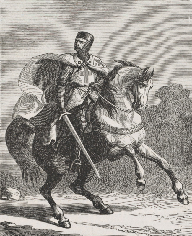 A Knight of the Temple, print, book illustration, A Knight of the Order of the Templars on a rearing horse., printmaker: Frits Orloff, Amsterdam, after design by Victor De Doncker, 1847 - 1883, paper, wood engraving, letterpress printing, wood engraving and text in letterpress, height 130 mm x width 105 mm, horse, military orders, eg: Knights Templars, Knights of Malta, Teutonic Knights, Roman Catholic church, A black and white engraved image of an armored knight on horseback, shown from the waist up and downward to the horse's legs, with the knight wearing a helmet and a cloak draped over his shoulders, a visible cross motif on his chest, chainmail sleeves, and a sword held at his side; the horse is depicted in motion with a raised front leg, a decorated bridle and breastplate, flowing mane and tail, and detailed musculature; the background consists of closely spaced horizontal lines and a textured area suggesting vegetation, with ground lines and small rocks beneath the horse's hoove...