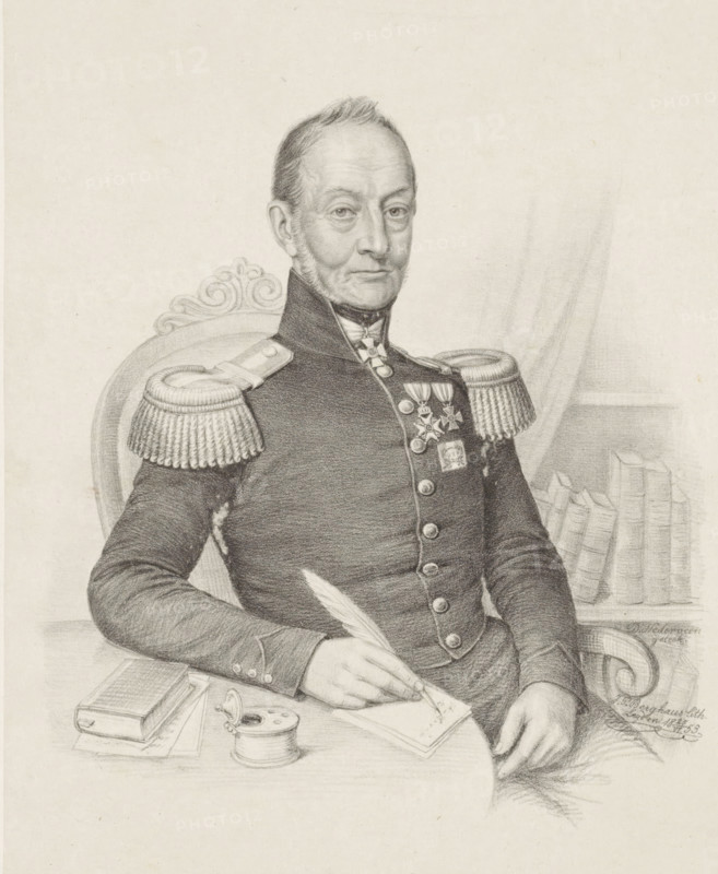 Portrait of JH Nägeli, print, The sitter is seated at a table in a military uniform. He wears two knightly orders on his chest and one around his neck. Behind him is a bookcase. On the table lie a book, sheets of paper, and an inkwell. His right arm rests on the table. With his right hand, he writes with a quill pen on a sheet of paper., inscription: 'HG van der Does', printmaker: Johann Peter Berghaus, Leiden, after design by Daniël Nederveen, Den Bosch, 1853-06-25, paper, chine collé, lithography, lithography on chine collé, height 365 mm x width 275 mm, historical persons, knighthood order, book, materials to write on, writing surfaces, bookshelves, A pencil drawing of a seated older man in a dark military-style jacket with ornate shoulder epaulettes and multiple medals on his chest, his short hair combed back and sideburns visible, holding a quill pen poised over a sheet of paper on a small round table that also holds a closed book, an inkwell with its lid open, and a folded docume...