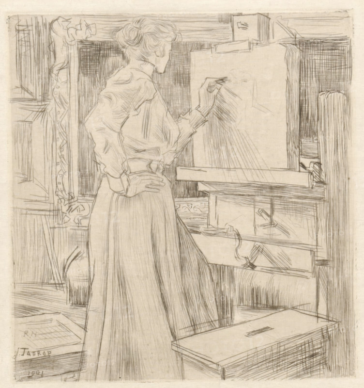 Riet van Houten draws on a lithographic stone in a studio, In 't atelier (original title), print, inscription: 'RH, j. Toorop, 1901', printmaker: Jan Toorop (signed by artist), 1901, Jan Toorop, printmaker, paper, drypoint, intaglio printmaking technique, drypoint with plate tone on zinc, height 146 mm x width 138 mm, Person, Riet van Houten, workshop, studio, painter, A line drawing shows a woman standing at an easel, viewed from behind and slightly to the side; she wears a long dress with a fitted bodice and puffed sleeves, her hair is swept up, and one hand rests on her hip while the other holds a drawing implement toward the canvas. The easel and canvas occupy the right side of the scene with visible sketch lines, and a table with a flat box sits nearby. The background includes vertical panels and patterned decorative elements, with crosshatched shading and sparse linear details suggesting furnishings and objects around the workspace.