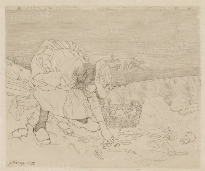 Girl collecting shells on the beach, print, printmaker: Jan Toorop (signed by artist), 1899, paper, drypoint, intaglio printmaking technique, drypoint with plate tone on copper, height 154 mm x width 186 mm, beach (as place of recreation), girl (child between toddler and youth), A pencil drawing shows a person bent forward on a sandy shore, wearing a dress and a hat with hair visible beneath it, their hands reaching toward the ground; a woven basket filled with round objects sits nearby; scattered pieces of broken shells and debris lie across the foreground; behind the figure are tufts of grass and planks of wood, and in the distance along the shoreline small figures, a cart with wheels, and a mounted person are visible against a textured horizontal seascape under a sky with a few cloud outlines.