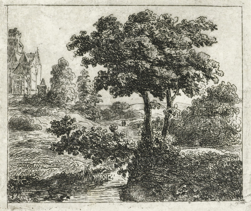 Landscape with church on a hill, print, printmaker: Johannes Adrianus van der Drift, Netherlands, 1823 - 1883, paper, chine collé, etching, etching on chine collé, height 92 mm x width 113 mm, landscape with other man-made constructions not mentioned above, e.g.: graveyards, playgrounds, An etching showing a landscape with a large tree with dense, textured foliage dominating the center and right, smaller bushes and shrubs around its base, a winding river or stream flowing from the foreground toward the middle ground, layered fields and low rolling terrain with detailed line work, and a cluster of tall, narrow architectural structures with pointed roofs visible near the left edge, all contained within a rectangular border on a lightly mottled background.
