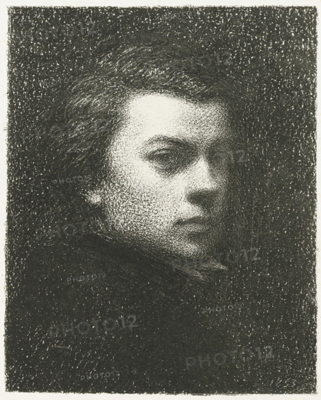 Self-portrait of the artist at the age of 17, Fantin-Latour par lui-même, print, printmaker: Henri Fantin-Latour, printer (person): Joseph Rose Lemercier, Paris, 1892, printer (person), paper, chalk lithograph, height 281 mm x width 189 mm, Print used for: L'Artiste, 1895., Person, historical persons, portrait, self-portrait of graphic artist, A close-up monochrome portrait of a person's face rendered in a stippled or textured style, showing one eye, eyebrow, the bridge of the nose, cheek, and part of the mouth in three-quarter profile; the hair frames the forehead and temple with dense dark shading, and the background is filled with a grainy, speckled texture.