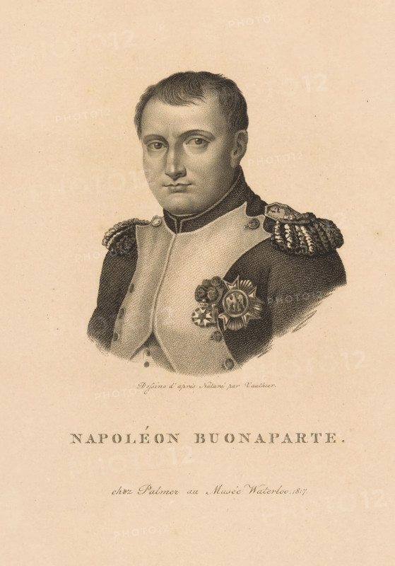 Portrait of Napoleon I Bonaparte, Napoléon Buonaparte., print, printmaker: Jules-Antoine Vauthier, France, publisher: Ebenezer Palmer, 1817, paper, stipple engraving, engraving, etching, height 292 mm x width 243 mm, Person, Napoleon I (Emperor of the French), historical persons, medals and other marks of military honor, A monochrome engraved portrait of a man shown from the chest up wearing a military uniform with ornate epaulettes and a decorative medal on his chest, his hair is short and combed, his face is expressionless with gaze directed forward, the image is centered on a pale paper background with small speckles and faint aging marks.