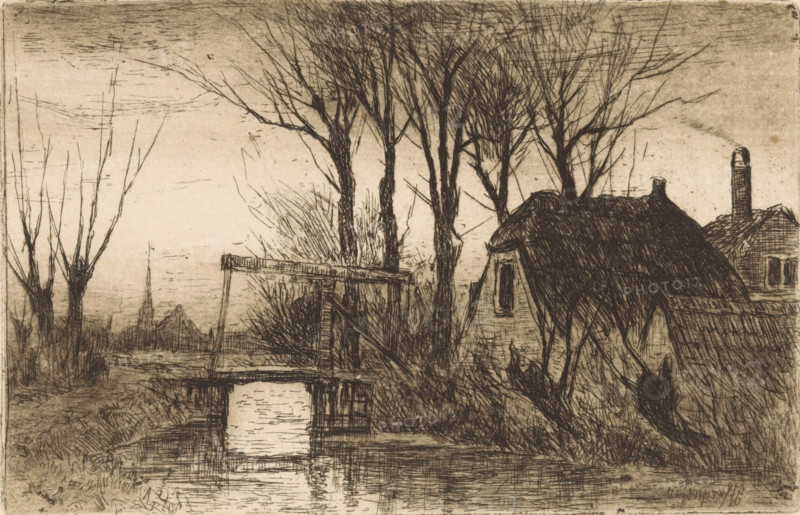 Drawbridge at a farm, print, In the background the silhouette of a church. It is twilight., printmaker: Gerardus Johannes Roermeester (signed by artist), 1854 - 1936, paper, etching, intaglio printmaking technique, height 129 mm x width 198 mm, farm or solitary house in landscape, bascule bridge, half-light, A monochrome etching shows a narrow waterway bordered by grassy banks and leafless trees with thin, intertwining branches. A simple wooden footbridge spans the water, reflected in the rippled surface below. To the right, a thatched-roof cottage with a small window and a chimney is partially obscured by trees and overgrown vegetation. In the background, more bare trees and a distant pointed spire rise against a textured sky. The scene is rendered with fine, sketch-like lines and areas of crosshatching.