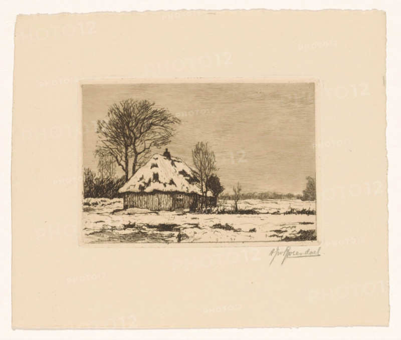 Snow landscape with barn, print, printmaker: Alberta Johanna van Rosendaal (signed by artist), Netherlands, in or before 1939, paper, etching, intaglio printmaking technique, height 70 mm x width 103 mm, snow, barn, A rectangular print mounted on a larger sheet shows a rural winter scene with a small thatched cottage topped with snow, surrounded by bare trees and low shrubs, a textured sky above, and a snowy foreground with rough ground and a narrow strip of water.