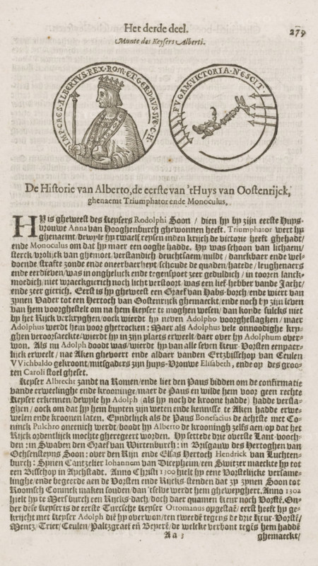 Medal with portrait of Emperor Albertus, print, book illustration, printmaker: Adolph Roelofsz Rutgers, Amsterdam, publisher: Nicolaes Biestkens, 1617, paper, woodcut, letterpress printing, woodcut and text in letterpress, height 317 mm x width 195 mm, A faded page with two circular coin-like illustrations near the top, the left showing a crowned profile of a robed figure holding a scepter and orb, the right showing a circular design with a segmented border and a decorative motif in the center with arrow-like elements along the rim; below the illustrations is dense printed text in a uniform serif type filling most of the page, with a larger initial letter at the start of the main paragraph and slightly darker text near the top, all on a textured, aged paper background with small spots and faint discoloration.