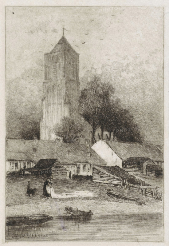 Village with church tower by the water, print, Village with a church tower by the water. On the bank a woman laying out laundry to dry., printmaker: Piet Schipperus, Netherlands, 1850 - 1929, paper, chine collé, etching, etching on chine collé, height 168 mm x width 111 mm, parts of church exterior and annexes: tower, village, A tall stone tower with a pitched roof and a weather vane rises behind a row of trees, its façade showing vertical lines and arched openings; in front of the tower are low buildings with sloped roofs and small windows, clustered along a shoreline where a few small boats float on calm water; on the shore a woman stands holding a cloth or sheet while another figure nearby appears seated or crouched with a basket, and other small figures are scattered near the buildings; the scene is rendered in fine etched lines with textured shading and a cloudy sky with small birds.