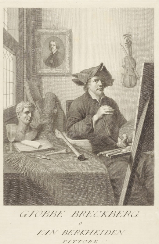 Portrait of artist Job Adriaensz Berckheyde, Portraits of artists, print, book illustration, Jacob Berckehyde, seated behind his easel, with palette and brush in hand. In the foreground left, a table on which lie a recorder, compass, book, plaster bust, and glass. A violin and a portrait hang on the wall., printmaker: Carlo Gregori, Italy, after drawing by Giovanni Domenico Campiglia, after painting by Job Adriaensz Berckheyde, 1752 - 1762, paper, engraving, height 276 mm x width 181 mm, A seated man wearing a wide, floppy hat and a loose garment holds a brush in one hand and a palette in the other while facing an easel at the right edge of the image; a violin hangs on the wall behind him and a framed oval portrait is visible on the wall above his shoulder; to the left a window with panes lets light into the room and a table in the foreground is covered with a fringed cloth on which lie a sculpted head, an open book with a rolled paper, a glass with a stem, a long rolled sheet, and dra...