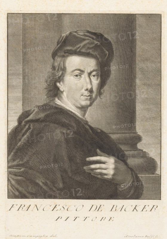 Portrait of painter Johannes Frans de Backer, Portraits of artists, print, book illustration, printmaker: Girolamo Rossi (II), Italy, after drawing by Giovanni Domenico Campiglia, 1752 - 1762, paper, engraving, etching, etching and engraving, height 257 mm x width 178 mm, A monochrome engraved portrait of a man shown from the chest up, wearing a loose dark robe and a soft beret-style hat, with wavy hair visible at the sides and a hand resting on his chest; his face is turned slightly toward the viewer with a calm expression, and behind him is an architectural column and a vertically lined background.