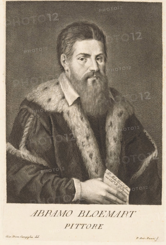 Abramo Bloemart, Portrait of an unknown artist, Portraits of artists, print, book illustration, printmaker: Antonio Pazzi, Italy, after drawing by Giovanni Domenico Campiglia, after painting by Abraham Bloemaert, 1752 - 1762, paper, engraving, gravure, height 267 mm x width 178 mm, Francesco. Serie di ritratti degli eccellenti pittori dipinti di propria mano, che esistono nell'Imiperial Galleria di Firenze. Florence: 1752-1762., Person, historical persons, portrait, self-portrait of artist, A monochrome engraved portrait of a bearded man shown from the chest up wearing a fur-trimmed cloak over a collared garment, his hair combed back and a long full beard, gazing slightly toward the viewer with a neutral expression, one hand visible holding a folded paper, against a finely crosshatched background.