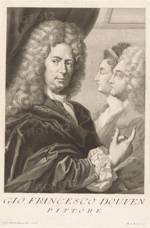 Portrait of artist Jan Frans van Douven, Portraits of artists, print, book illustration, printmaker: Antonio Pazzi, Italy, after drawing by Giovanni Domenico Ferretti, after painting by Jan Frans van Douven, 1752 - 1762, paper, engraving, gravure, height 276 mm x width 184 mm, Francesco. Serie di ritratti degli eccellenti pittori dipinti di propria mano, che esistono nell'Imiperial Galleria di Firenze. Florence: 1752-1762., Person, historical persons, portrait, self-portrait of artist, A detailed black and white engraving showing a three-quarter view of a man with elaborate curly hair wearing a voluminous dark robe with visible folds and a light ruffled cuff, his face turned slightly toward the viewer with a composed expression; behind him are two profile busts of figures with styled hair, one wearing a small decorative headpiece, all set against a lightly lined background and framed by a darker drapery in the upper left.