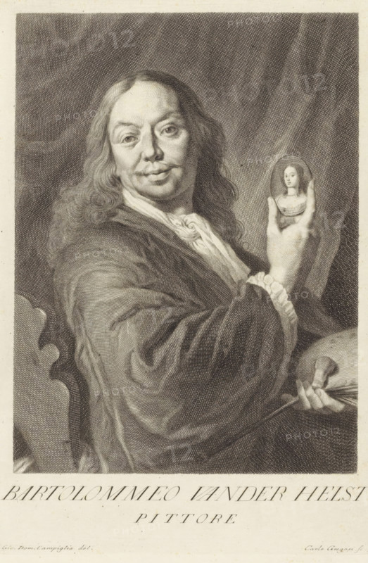 Portrait of artist Bartholomeus van der Helst, Portraits of artists, print, book illustration, printmaker: Carlo Gregori, Italy, after drawing by Giovanni Domenico Campiglia, after painting by Bartholomeus van der Helst, 1752 - 1762, paper, engraving, height 275 mm x width 185 mm, A monochrome engraved portrait of a seated person with long wavy hair wearing a draped garment and a ruffled cuff, looking toward the viewer with a slight smile, holding a small oval portrait of a young woman between thumb and fingers, while the other hand rests on a palette and brushes; a heavily shaded draped background fills the upper area and part of a carved chair back is visible at the side.