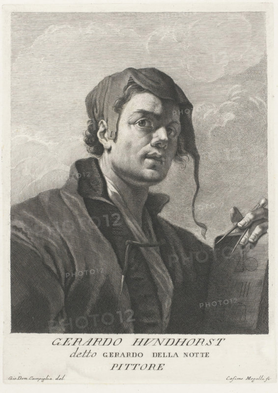 Portrait of artist Gerard van Honthorst, Portraits of artists, print, book illustration, printmaker: Cosimo Mogalli, Italy, after drawing by Giovanni Domenico Campiglia, 1677 - 1730, 1731 - 1732, paper, engraving, height 254 mm x width 181 mm, Print used for Antonio Francesco Gori, Museum Florentinum, Florence: ex Typographia Michaelis Nestenus et Francisci Moücke, 1731-1732, vol. V., Person, Gerard van Honthorst, historical persons, portrait, self-portrait of painter, A black and white engraved portrait of a young man shown from the chest upward, wearing a loose coat with a high collar and a scarf tied around his neck, his head slightly turned with a cap draped over his hair and a curled lock falling near his face, his expression neutral to contemplative with prominent eyes and defined facial features, one hand visible at the edge of the image holding the corner of a canvas or board, and a background filled with horizontal engraved lines and soft cloud-like shapes.